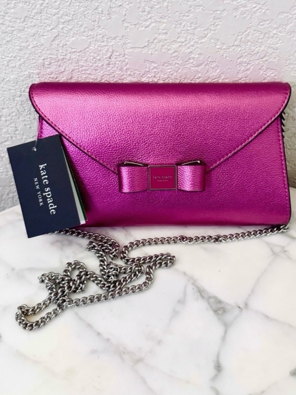 Kate Spade Morgan Bow Metallic fuchsia Envelope Flap Crossbody and dust bag NWT - Picture 10 of 12